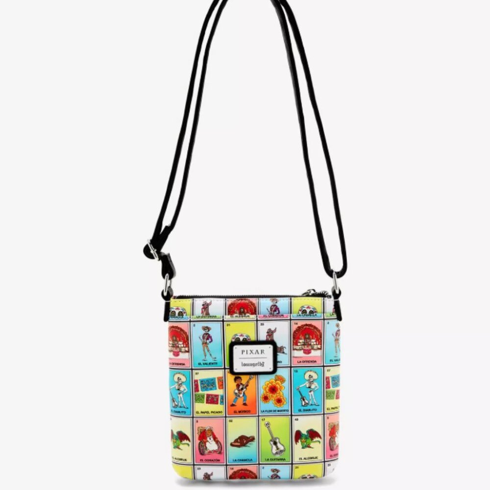 Loungefly Disney Pixar Coco Character Lotería Cards Allover Print Crossbody Bag